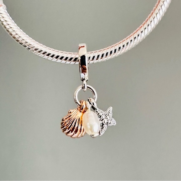 Pandora fresh cultured white pearl, starfish & sea shell charm /pandora bracelet - Picture 1 of 8